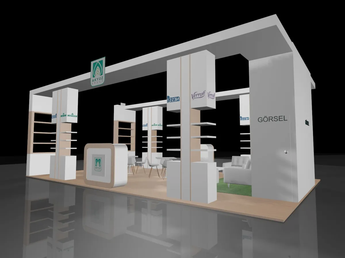 Ahşap özel tasarım fuar standı 3D görseli